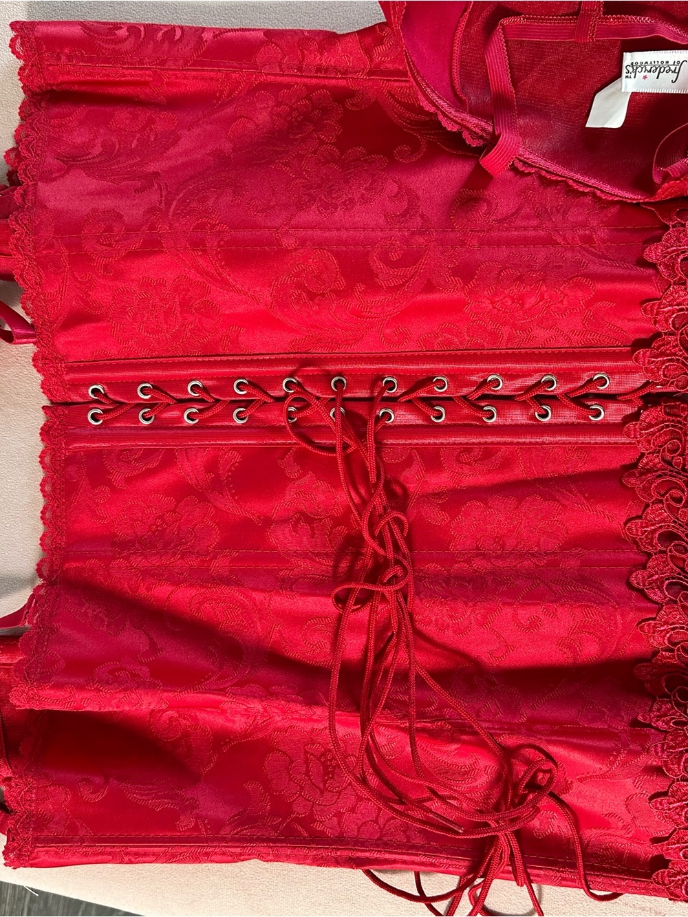 Frederick's of Hollywood Vibrant Red Lace-Up Jacquard Corset Crop Top